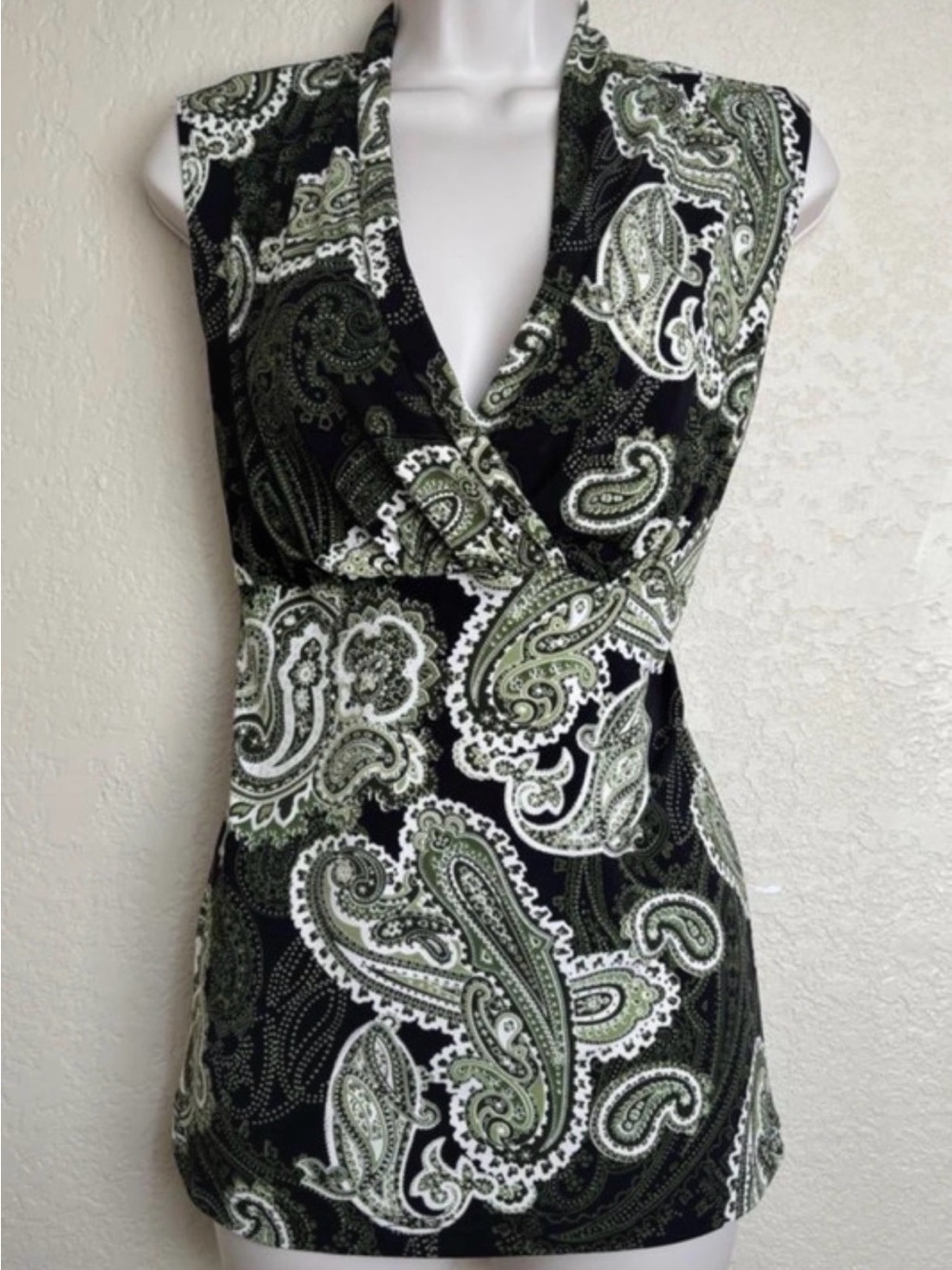 Y2K Slinky Green Sleeveless Paisley V-Neck Blouse Cottagecore Fairycore Top Sz M